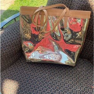 Consuela Shiny Gold Tote with Tan Trim